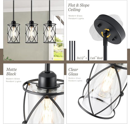 Glass Pendant Lights Kitchen Island 3 Pack, Black Kitchen Pendant Lighting Over Island with Rod, Modern Mini Hanging Light for Sink Dining Room, CH9176BK-3PK