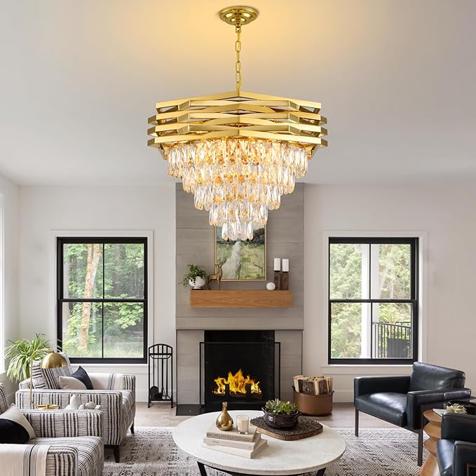 Gold Modern Crystal Chandelier 24" Round Chandeliers for Dining Room K9 5 Tiers Ceiling Pendant Light Fixtures Large Flush Mount Chandelier for Living Room Entryway Foyer Staircase