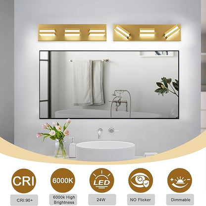 IZORRO LED Modern Bathroom Lights Fixtures(3-Light,Dimmable,360°Rotate),Brushed Glod Acrylic Wall Lighting,Vanity Lights for Bathroom Over Mirror - 6000k 16In （No Assembly Required）