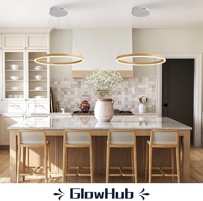 LED Ring Chandelier Wood Grain Round Chandeliers Modern Farmhouse Pendant Light Circular Hanging Ceiling Light Coastal Chandelier for Dining Room Kitchen Entryway, 20 inches