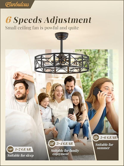 Fanbulous 23 Inch Fandelier Caged Ceiling Fans with Lights and Remote, Black Bladeless Ceiling Fan with 6 Speeds and Timing, Farmhouse Samll Fan Lights Ceiling Fixtures for Kitchen, Bedroom-Black
