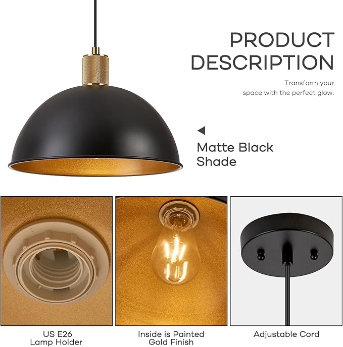 12 Inch Black Dome Pendant Lights 3 Pack for Kitchen Island, Height Adjustable Farmhouse Industrial Hanging Light Fixtures Over Table for Dining Room, Entryway