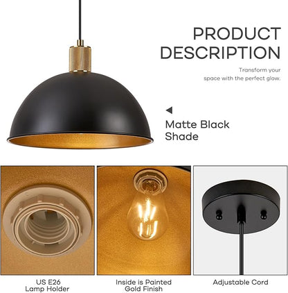 12 Inch Black Dome Pendant Lights 3 Pack for Kitchen Island, Height Adjustable Farmhouse Industrial Hanging Light Fixtures Over Table for Dining Room, Entryway
