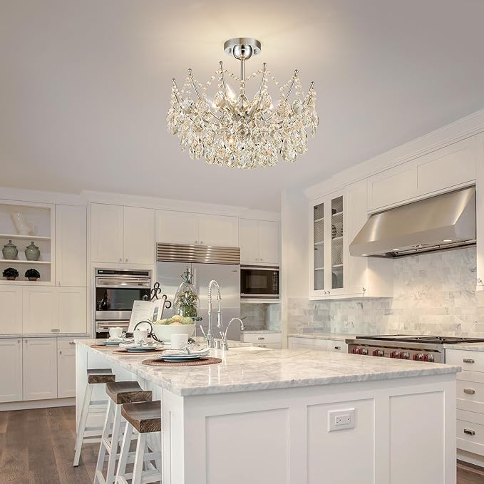 Crystal Ceiling Light Fixture, 6-Lights Modern Crystal Chandeliers for Dining Room Light Fixture, Semi Flush Mount Ceiling Light for Bedroom Kitchen Hallway Entryway Foyer Bathroom Living Room