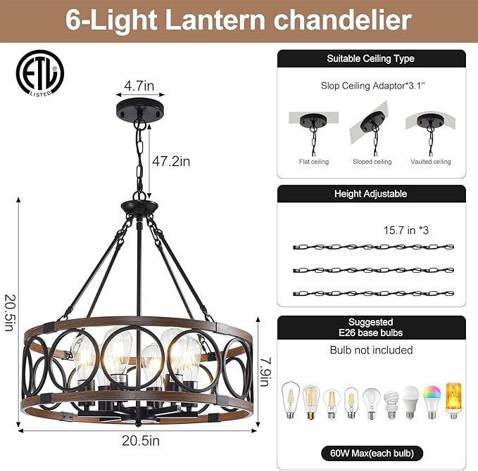 21'' Farmhouse Chandelier, 6-Light Walnut Wood Grain Dining Room Light Fixture Over Table, Rustic Industrial Drum Hanging Pendant Lights Fixture for Kitchen Island Bedroom Hallway Foyer Entryway