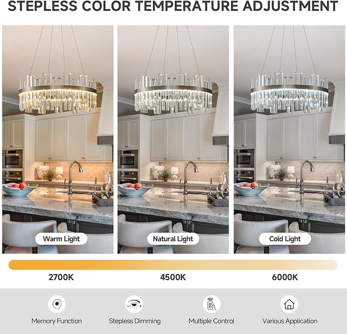 Nickel Led Modern Crystal Chandelier: 23.6" Round K9 Luxury Smoke Grey & Clear Crystal 3 Color Dimmable Contemporary Chandeliers for Dining Room Light over Table - Adjustable Height Light with Remote