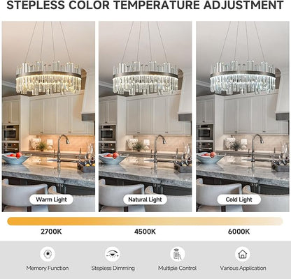 Nickel Led Modern Crystal Chandelier: 23.6" Round K9 Luxury Smoke Grey & Clear Crystal 3 Color Dimmable Contemporary Chandeliers for Dining Room Light over Table - Adjustable Height Light with Remote