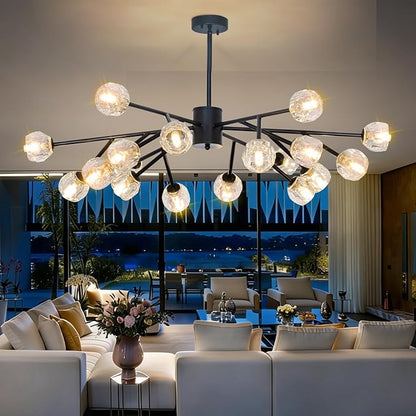 Depuley Modern Black Sputnik Chandelier: 18-Light Large Crystal Glass Chandelier for Living Room - Kitchen Island Light Fixture Mid Century Hanging Lamp for Dining Room (Included G9 Bulbs)