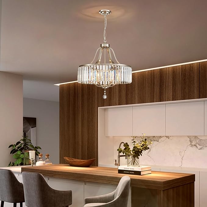 Modern Crystal Chandeliers Round 6-Light Large Brushed Nickel Pendant Lighting Fixture for Dining Room Living Room Kitchen Island Bedroom Hallway 21.7" Adjustable Height Hanging Lamp