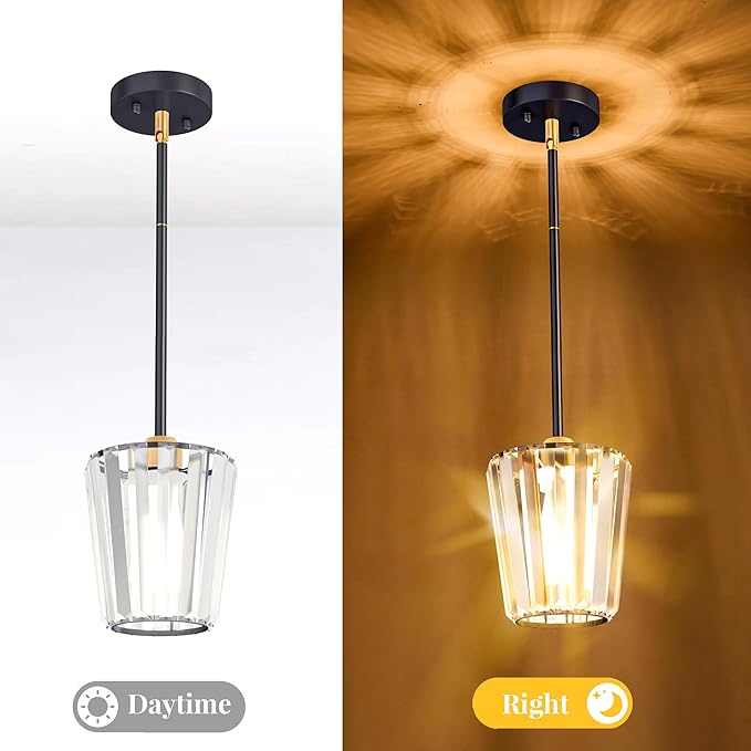 2 Pack Crystal Pendant Lights Kitchen Island - Modern Black and Gold Pendant Light Mini Adjustable Hanging Pendant Lights for Kitchen Island Dining Room Foyer Hallway