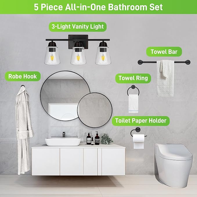 hykolity 3-Light Bathroom Vanity Light, 5-Piece All-in-One Bathroom Set, 20 Inch Modern Wall Lamp, Oil Rubbed Bronze Wall Sconce with Clear Glass Shade, Wall Lights for Bedroom, Living Room, Mirror