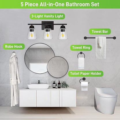 hykolity 3-Light Bathroom Vanity Light, 5-Piece All-in-One Bathroom Set, 20 Inch Modern Wall Lamp, Oil Rubbed Bronze Wall Sconce with Clear Glass Shade, Wall Lights for Bedroom, Living Room, Mirror