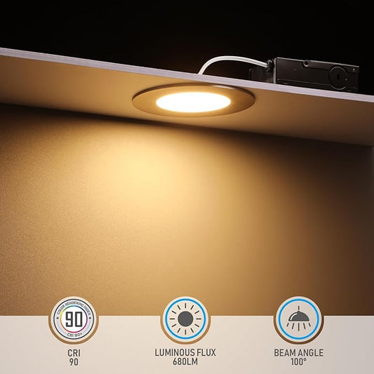 TORCHSTAR E-Lite Series 4 Inch Slim Recessed Lighting with J-Box, 10.5W Ultra-Thin LED Recessed Light, Dimmable Canless Downlight, ETL&ES Listed, CRI90, 2700K Soft White, Satin Nickel, Pack of 6