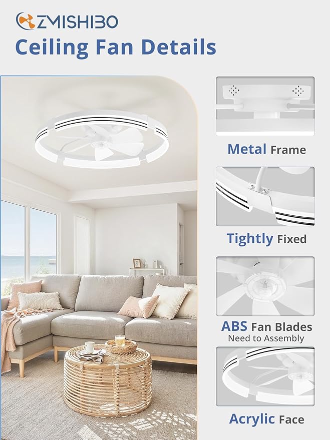 ZMISHIBO 24 Inch Low Profile Ceiling Fans with Lights and Remote, 3000K-6000K Dimmable Fandelier LED Fan Light, Flush Mount Ceiling Fan with Light, 6 Wind Speeds Ceiling Fans for Bedroom- White