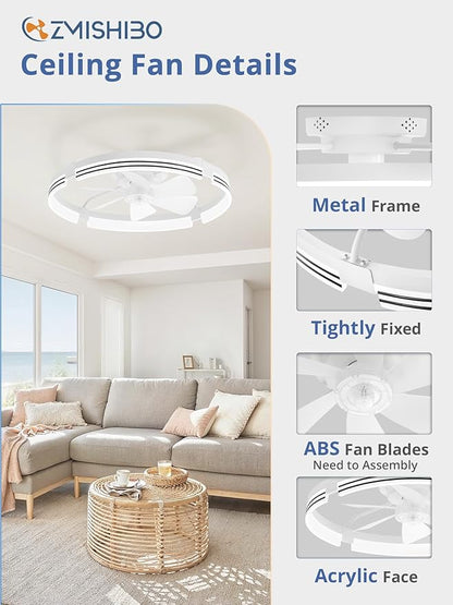 ZMISHIBO 24 Inch Low Profile Ceiling Fans with Lights and Remote, 3000K-6000K Dimmable Fandelier LED Fan Light, Flush Mount Ceiling Fan with Light, 6 Wind Speeds Ceiling Fans for Bedroom- White
