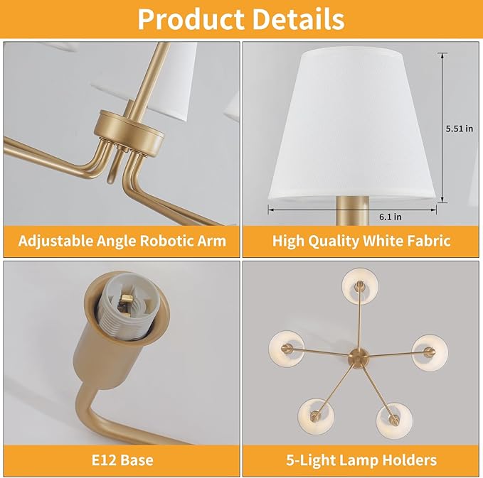 Gold Chandeliers for Dining Room 30” Bedroom Light Fixture with White Fabric Shade 5-Light Modern Farmhouse Chandelier Adjustable Pendant Lighting Fixtures for Kitchen Island,Living Room,Entryway