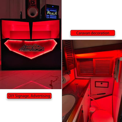 20ft 12V 360 LED Red Strip Light, Flexible Cuttable Non-Waterproof for Indoor Party Decoration, with Power Supply & Dimmer.
