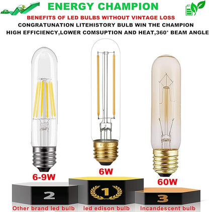 LiteHistory Dimmable E26 LED Bulb 4W Equal 40 Watt Warm White 2700K E26 Edison AC120V 400lm Tubular T9 T10 LED Light Bulb for Rustic Pendant,Chandeliers,Wall sconces 6Pack
