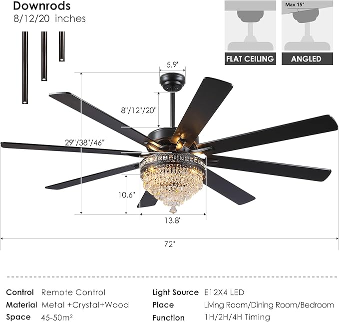 Asyko 72" Crystal Ceiling Fan Fandelier with Lights - Modern Crystal Chandelier Fans with Remote Control,Noiseless DC Motor, Retro/Farmhouse Lighting, Dining Room,Living Room