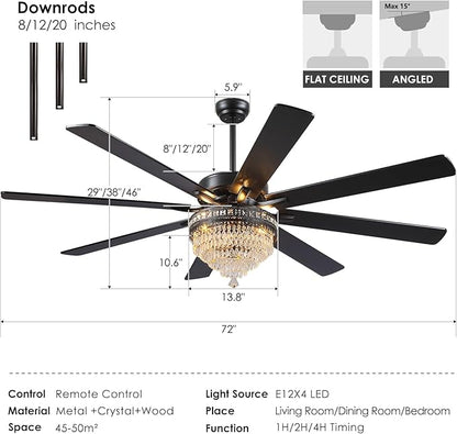 Asyko 72" Crystal Ceiling Fan Fandelier with Lights - Modern Crystal Chandelier Fans with Remote Control,Noiseless DC Motor, Retro/Farmhouse Lighting, Dining Room,Living Room