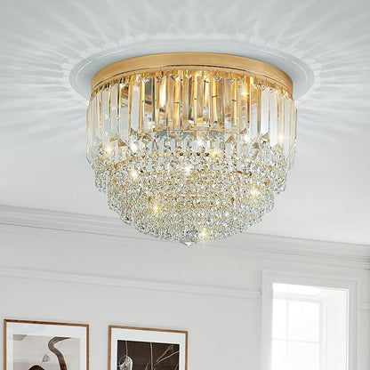 YMP&YZX Modern French Gold Crystal Chandelier Ceiling Light,15.7" Semi Flush Mount 5-Lights LED Crystal Round Chandelier Light E12 Base for Bedroom Living Room