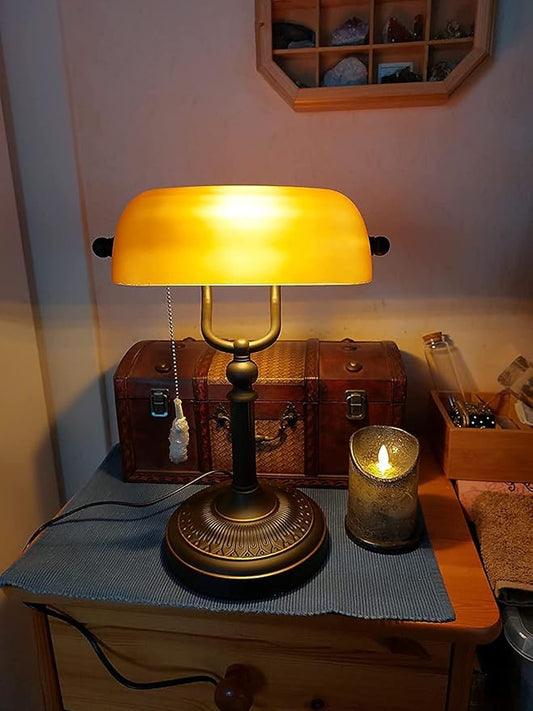 Matted Orange Glass Bankers Desk Lamp with Pull Chain Switch Plug in Fixture