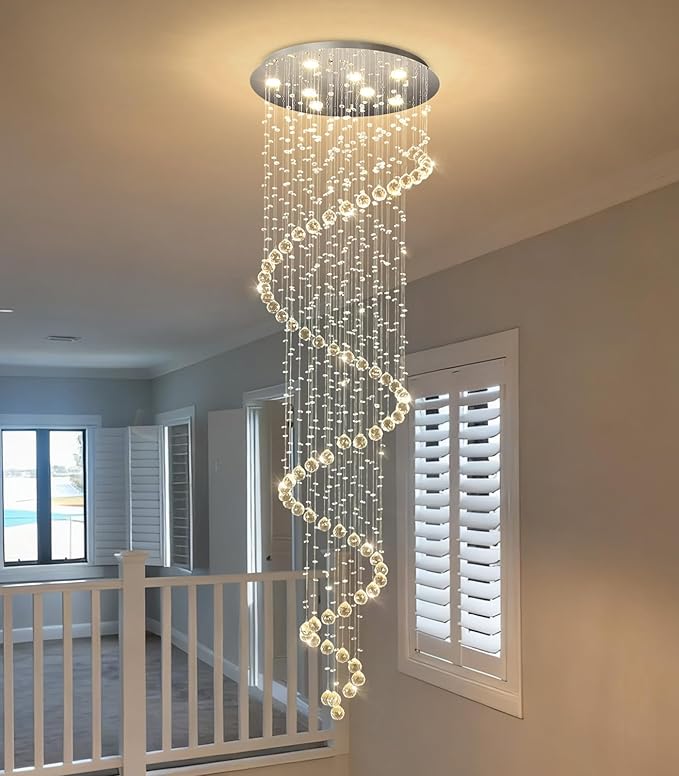 HAIXIANG W24 x H78 Inches Crystal Glam Chandelier Long Light Chandeliers with Dimmable Light Bulbs Silver High Ceiling Pendants Light Fixtures for Foyer Entryway Living Room Stair