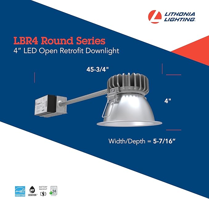 Lithonia Lighting 4 in Commercial LBR LED Open Retrofit Downlight, Round Retrofit Series LED Downlight with Adjustable Lumen Output, 3000K/3500K/4000K/5000K Switchable Color Temperature, (LBR4)