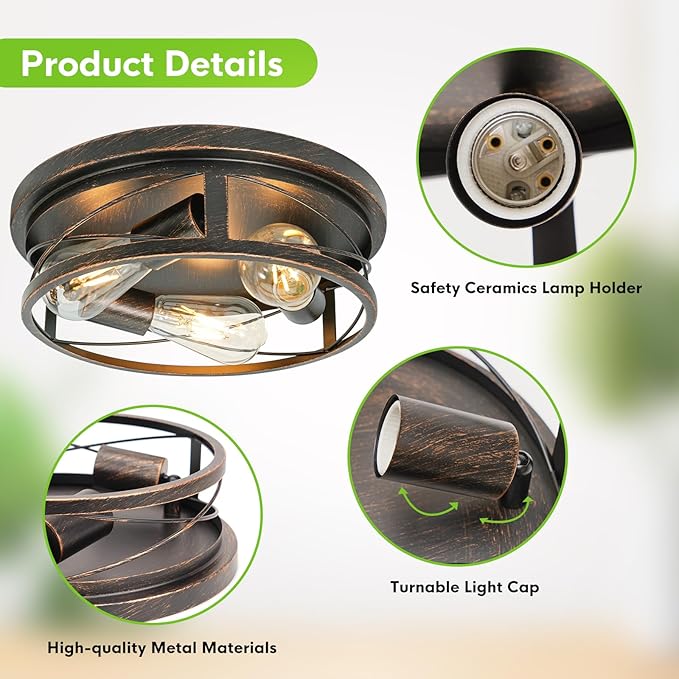 Farmhouse Ceiling Light - Dimmable Rustic Black Flush Mount E26 Industrial Ceiling Modern Led for Hallway Livingroom Kitchen Bedroom (1 Pack - Black Gold, 12 Inch - 3 Lamp Holders)