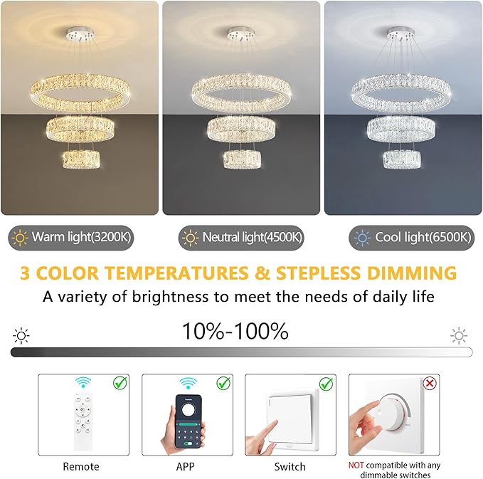 Modern Crystal Chandelier 36W Dimmable LED Ceiling Light Fixture with Remote Luxury Adjustable Pendant Light for Living Room Dining Room Silver