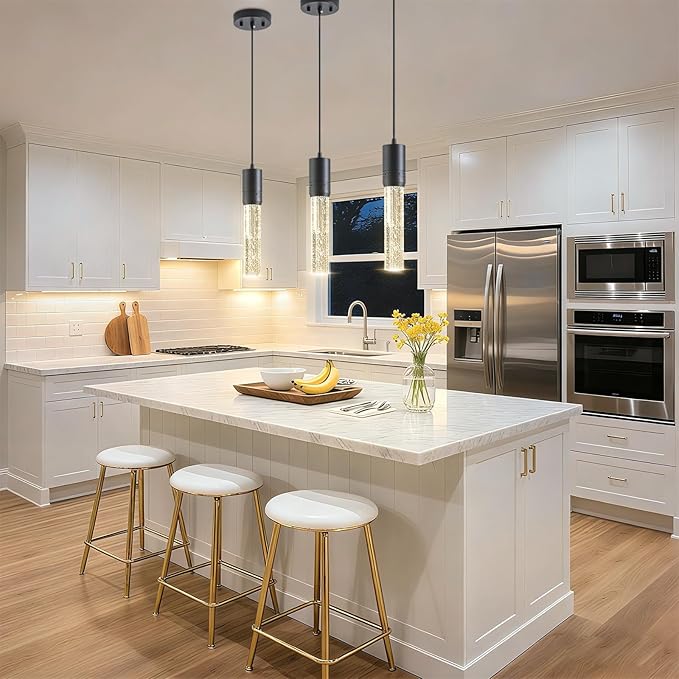 Black Pendant Lights Kitchen Island, Crystal Bubble Pendant Lights, Adjustable Modern Pendant Light Fixtures for Dining Living Room Bedroom 3 Pack