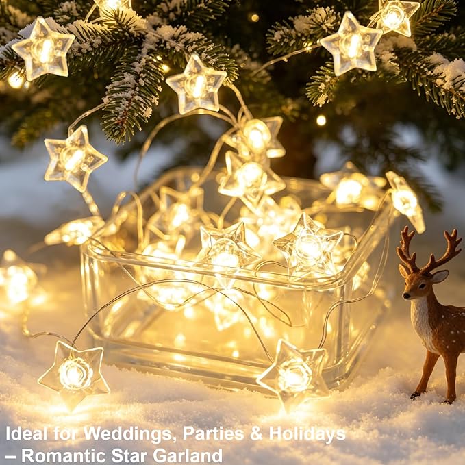 BOHON Star Fairy Lights Battery Operated, 13 FT 40 LED String Lights for Bedroom, Warm White Star Garland Twinkle Lights for Indoor Dorm Classroom Curtain Cute Room Wedding Decor, with Timer