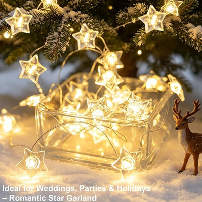 BOHON Star Fairy Lights Battery Operated, 13 FT 40 LED String Lights for Bedroom, Warm White Star Garland Twinkle Lights for Indoor Dorm Classroom Curtain Cute Room Wedding Decor, with Timer