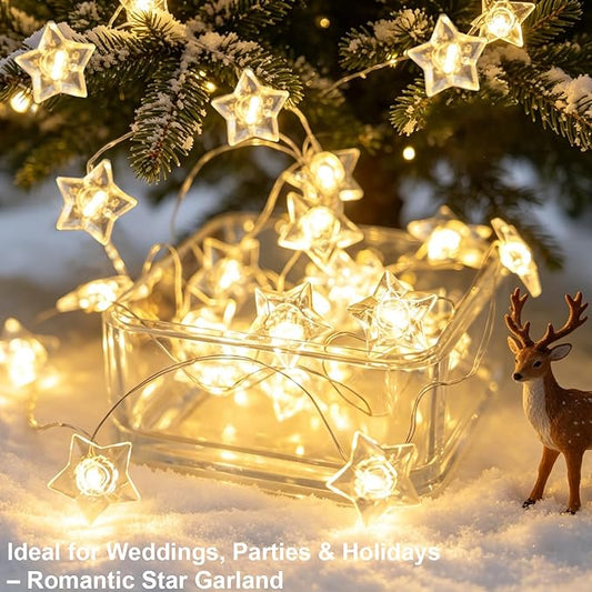BOHON Star Fairy Lights Battery Operated, 13 FT 40 LED String Lights for Bedroom, Warm White Star Garland Twinkle Lights for Indoor Dorm Classroom Curtain Cute Room Wedding Decor, with Timer