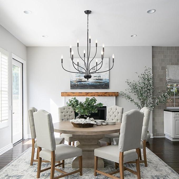 12-Light Black Chandelier for Dining Room, 34 Inch Large Farmhouse Chandeliers for High Ceilings, Foyer Industrial Modern Pendant Light Fixture for Living Room Entryway Hallway Kitchen Island Lights