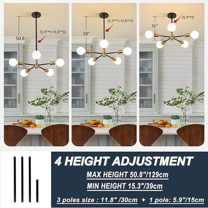 RUIYEY Modern Sputnik Light Fixture,Semi Flush Mount Ceiling Light Black and Gold Mid Century Chandeliers for Bedroom,Dining Room,Kitchen Island,Living Room,Bedroom,Farmhouse