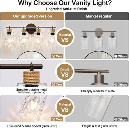MOKATNG Bathroom Light Fixtures, 4-Light Coastal Vanity Lights with Crystal Glass Shade, Oil-Rubbed Bronze Bathroom Wall Lamp for Mirror Kitchen Hallway Cabinet