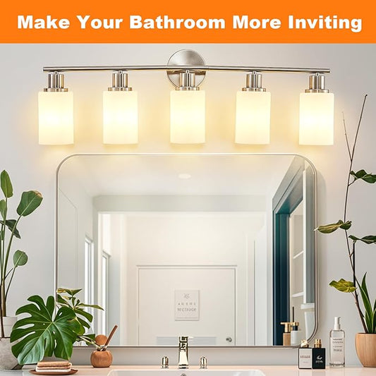 DLLT 5-Light Bathroom Light Fixtures: Nickel Modern Vanity Lights with E26 Bulbs - Milky White Glass Shade Bathroom Wall Lamp for Mirror Kitchen Living Room Hallway Cabinet Porch