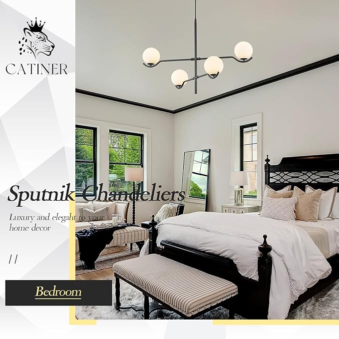 CATINER Black Sputnik Chandelier, Modern 4 Lights L31 '' Large Mid Century Long Ceiling Pendant Light Fixtures with Milk Glass Globe Shades for High Ceiling Living Dining Room Foyer Bedroom