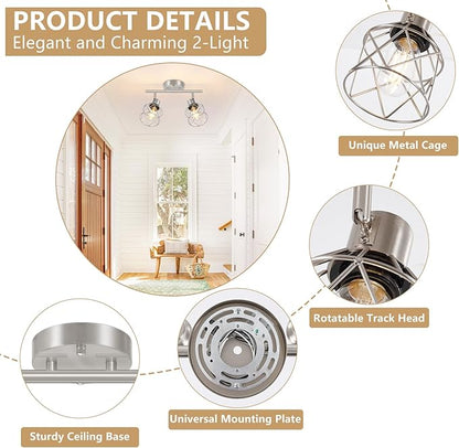 Baocuz 2-Light Brushed Nickel Semi Flush Mount Ceiling Light, Hallway Light Fixtures with Metal Wire Cage, Vintage Adjustable Track Spotlight Ceiling Fixtures for Dining Room, Farmhouse, Entryway