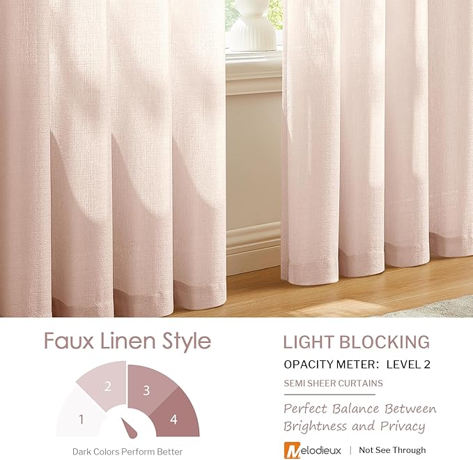 Melodieux Semi Sheer Curtains for Living Room - 72 Inches Long for Bedroom, Rod Poacket, Linen Look Shiny Sheer Drapes, Light Filtering Decovative Curtains, 52" W x 72" L, 2 Panels