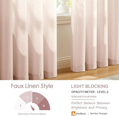 Melodieux Semi Sheer Curtains for Living Room - 72 Inches Long for Bedroom, Rod Poacket, Linen Look Shiny Sheer Drapes, Light Filtering Decovative Curtains, 52" W x 72" L, 2 Panels