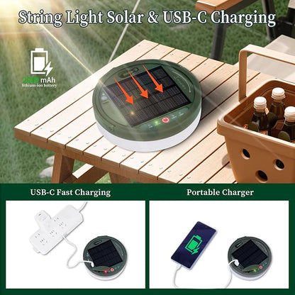 Solar Camping String Lights 130LEDs,33 FT Fairy Lights with 13 Lighting,Portable Waterproof 4 in1 Camping Lantern,Retractable Twinkle Lights for Outdoor Camping Gear Essentials Accessories
