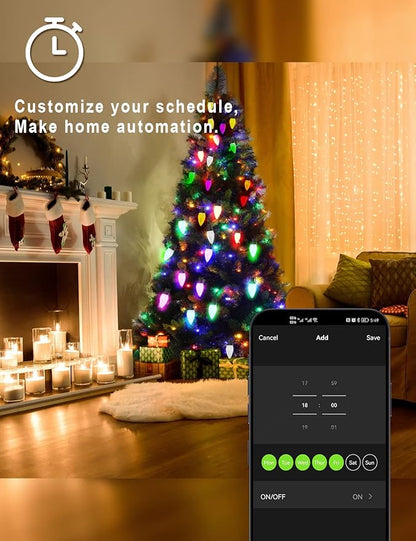HIITEN Smart RGB C9 Christmas Lights Outdoor 100LEDs 79FT, DIY Chasing Effects with Timer Music Sync APP & Remote, Waterproof Extendable Color Changing String Lights for House