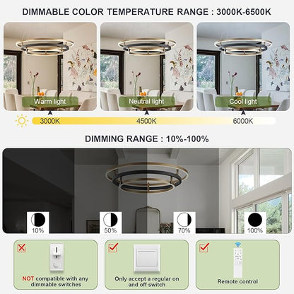 Benkut 3 Rings Modern LED Chandelier Black Gold Dimmable Circular Pendant Light for Dining Room, Foyer Chandelier with Remote Control Flush Mount High Ceiling Light for Kitchen Living Room, D30.7In