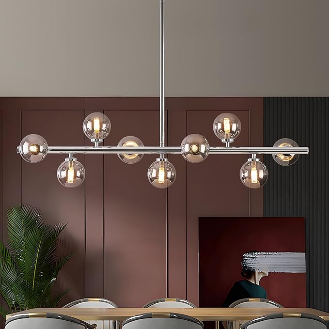 Mid Century Modern Glass Globe Sputnik Chandelier, 9-Light Linear Chandeliers for Dining Room, Kitchen Island, Living, Dining Light Fixture Over Table, Chrome and Smoke Grey Bubble, 40 Inch