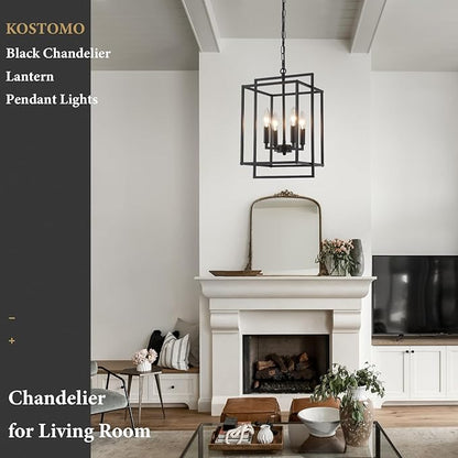 4-Light Black Farmhouse Chandelier Lantern Chandelier Light Fixture for Dining Room Kitchen Island Lighting Modern Pendant Light Fixtures for Bedroom Living Room Foyer