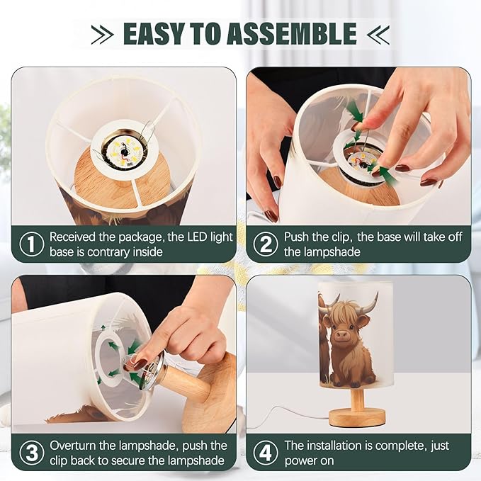 Bedside Table Lamp Fun Highland Cow Animal Nightstand Lamp with Wood Desk Lamps for Bedroom Living Room Nursery Office Home Decor