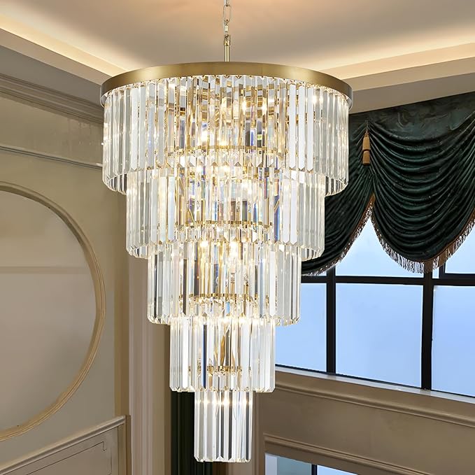 Gold Long Crystal Chandelier for High Ceiling, Height 35.5 inch 5-Tier Modern Chandeliers Lighting Fixture, Round Light for Entryway Staircase Foyer