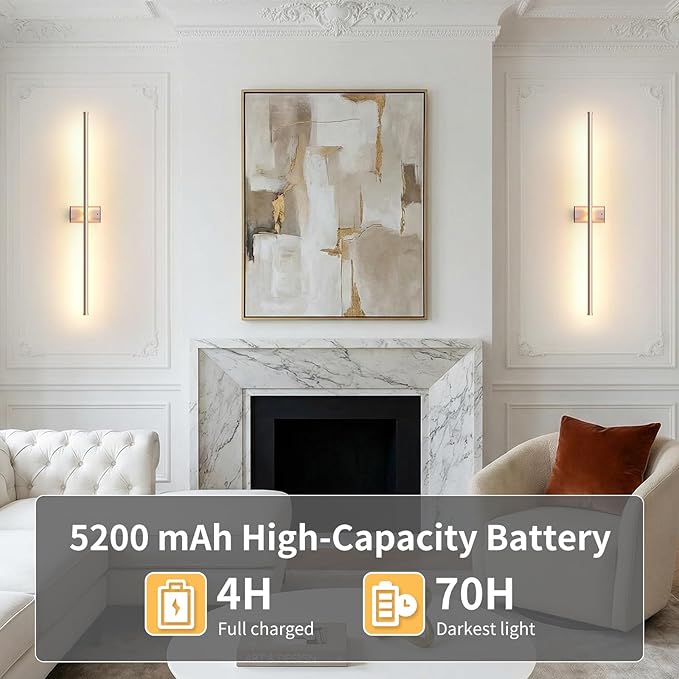 ONEWISH Battery Operated Wall Sconces Set of 2, 27.75" Rechargeable Wall Lights with Remote & Timer, 3-Color Dimmable Wireless Sconces for TV Wall Decor, Picture Light, Bedroom, Gold